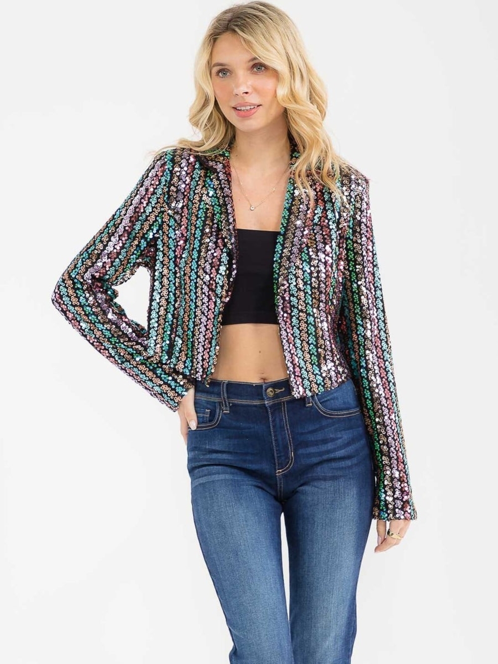 Multicolor Sequin Striped Cropped Blazer